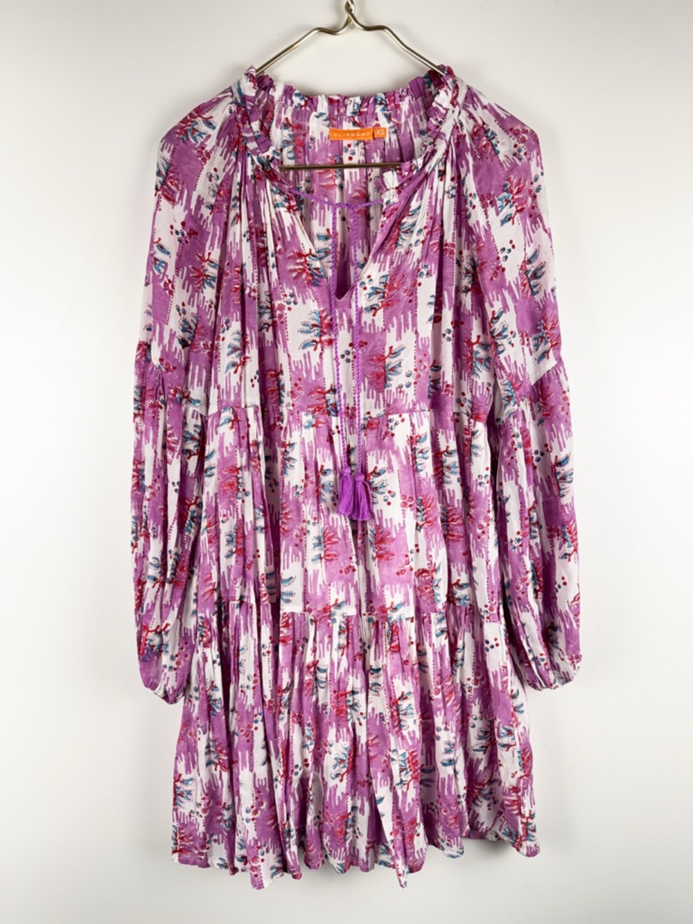 Oliphant Ballon Sleeve Boho Floral Dress Tassel XS Tiered Babydoll Cotton/Silk